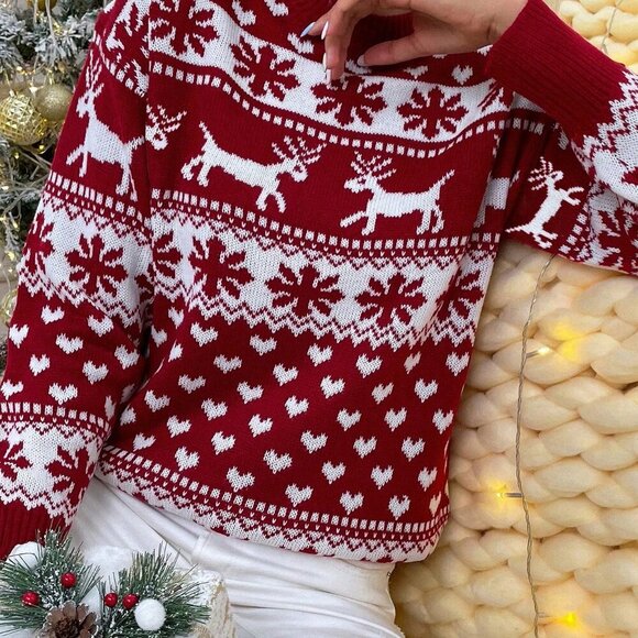 Red Casual Women's Christmas Knit Pullover Drop Shoulder Sweater - Picture 3 of 6